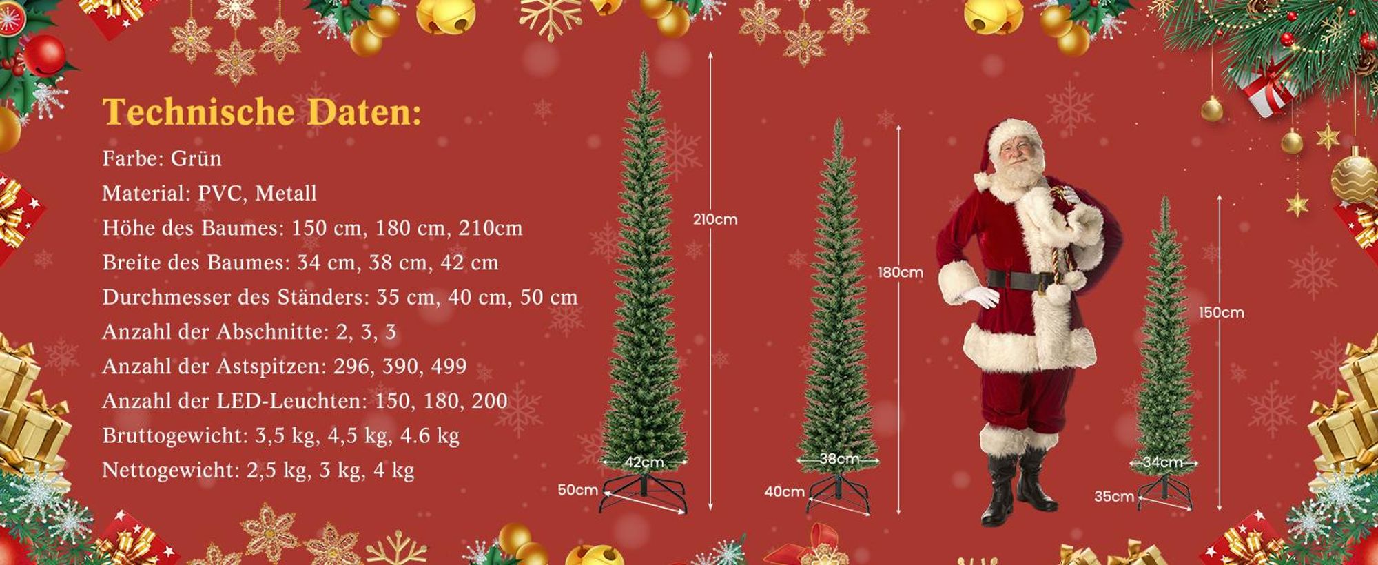 COSTWAY 180cm künstlicher Weihnachtsbaum Bleistift, Tannenbaum mit Beleuchtung, LEDs in Warmweiß, schlanker Christbaum für Weihnachten, Kunstbaum mit Metallständer, Grün