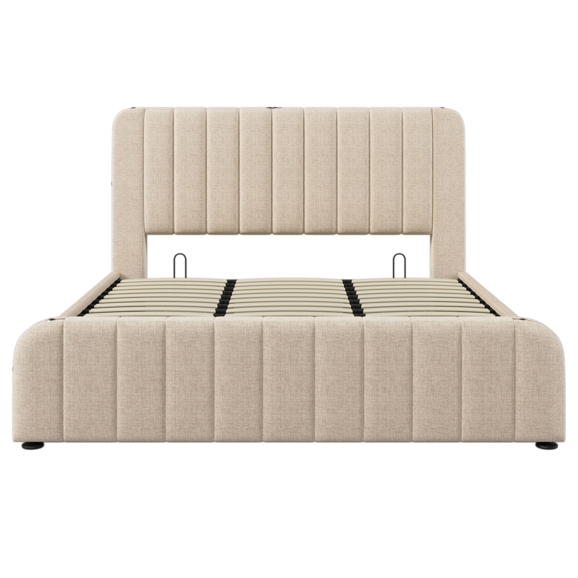 Flieks Polsterbett 180x200cm mit Ladefunktion (USB, Typ-C), Doppelbett Stauraumbett mit Lattenrost, Hydraulisches Jugendbett Boxspringbett, Leinen