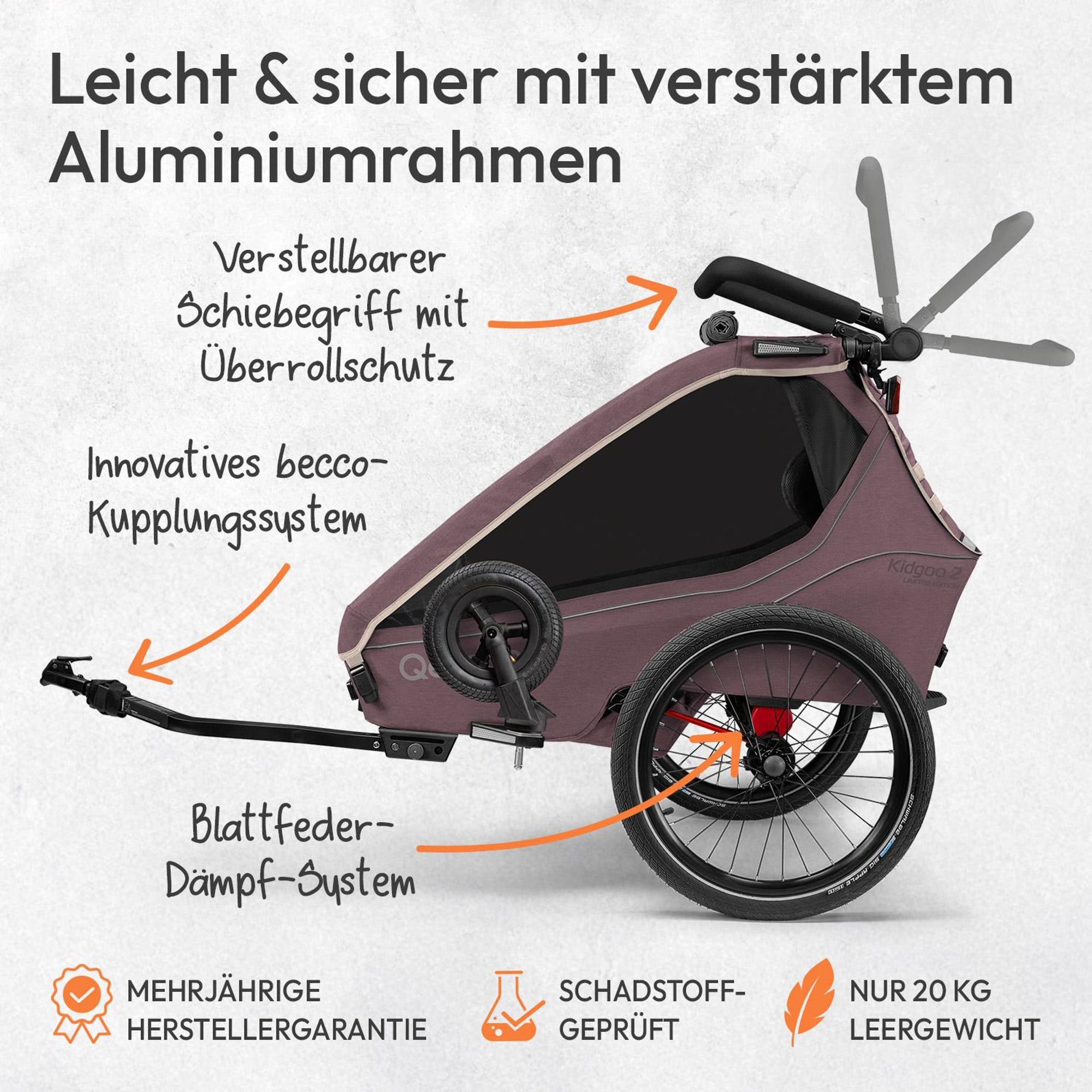 Qeridoo Kidgoo 2- Kinderfahrradanhänger für 2 Kinder, Farbe: Wildberry Violet