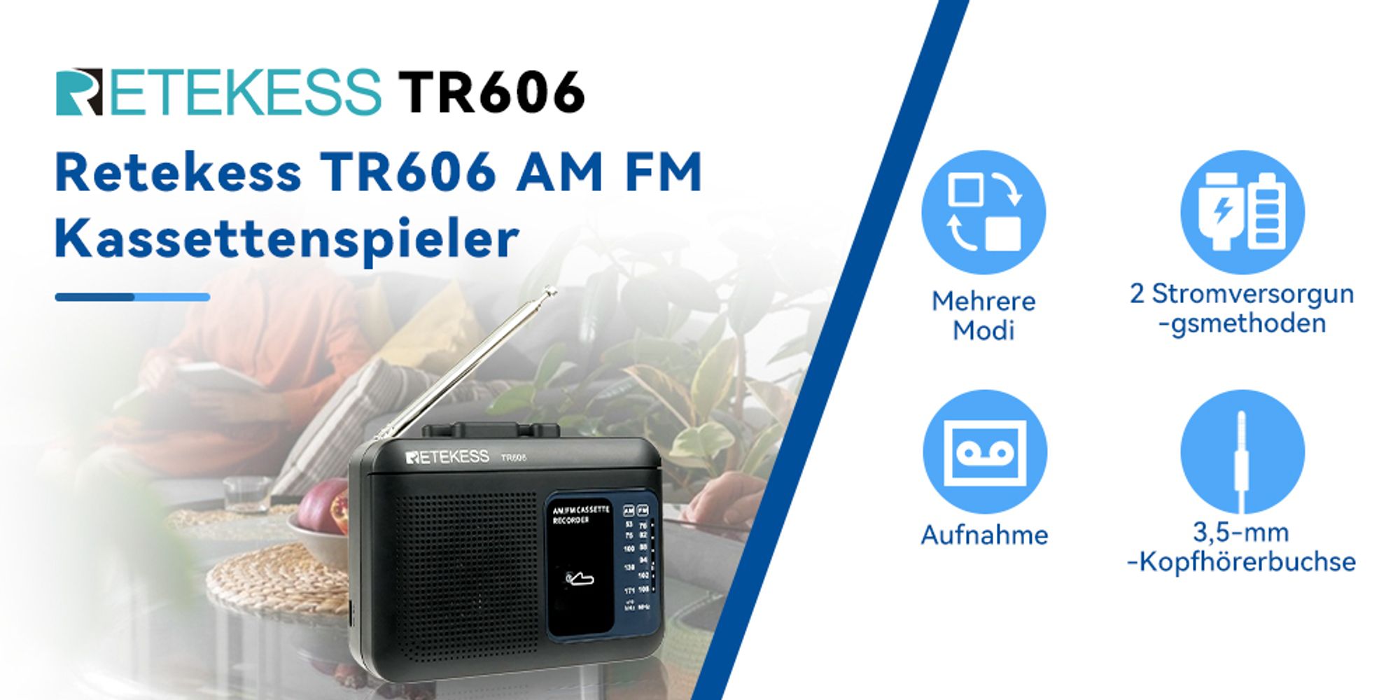 Retekess TR606 Tragbarer Kassettenspieler, FM-AM-Radio, Walkman-Kassettenrekorder, 3,5-mm-Kopfhöreranschluss, spielt alte Kassetten ab (schwarz)