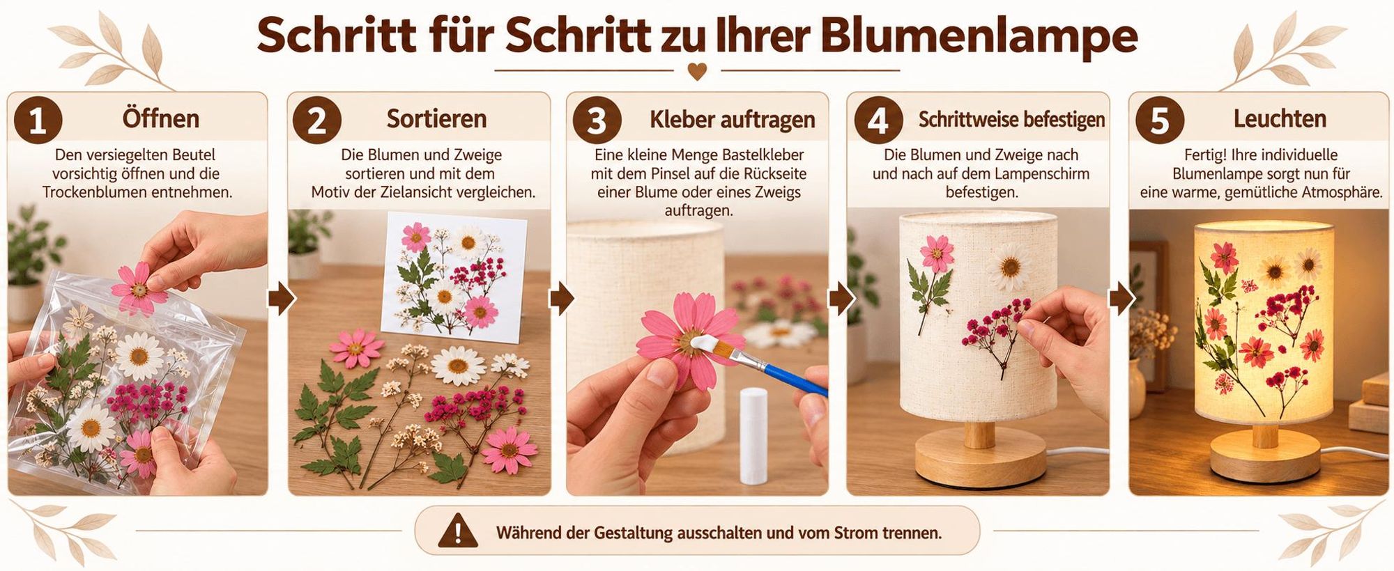 DIY Nachtlicht mit Trockenblumen, Blanko Stoffschirm, 3 Helligkeitsstufen, 5W Tischlampe, USB, Holz lampe für Schlafzimmer, Wohnzimmer & Kinderzimmer