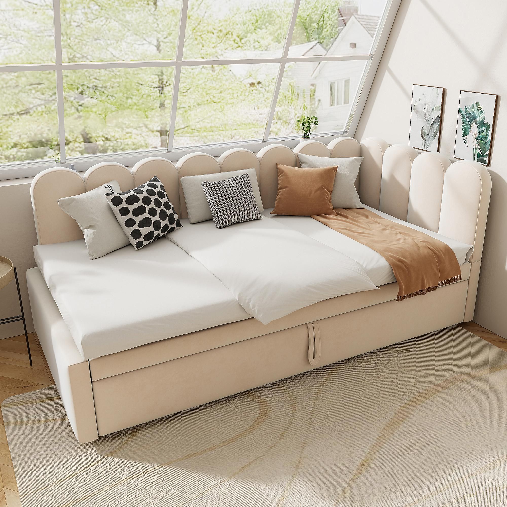 Merax Polsterbett L-Schlafsofa 2-in-1 Ausziehbar Einzelbett mit Lattenrosten, Doppelbett aus Samt, Push-Pull, Kinderzimmer, Gästezimmer, Beige