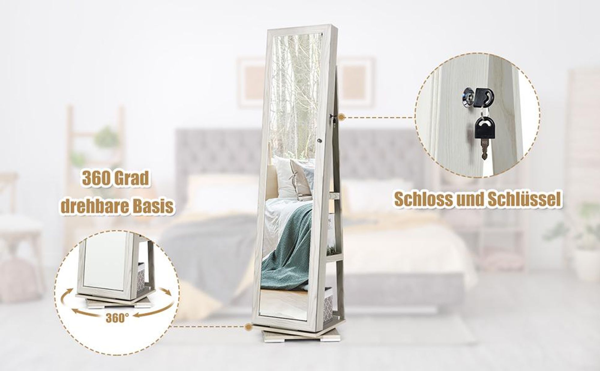 COSTWAY Schmuckschrank, Spiegelschrank mit Ganzkörperspiegel & eingebauter Make-up-Spiegel, 360° drehbar, abschließbar, Schmuck-Organizer Weiß