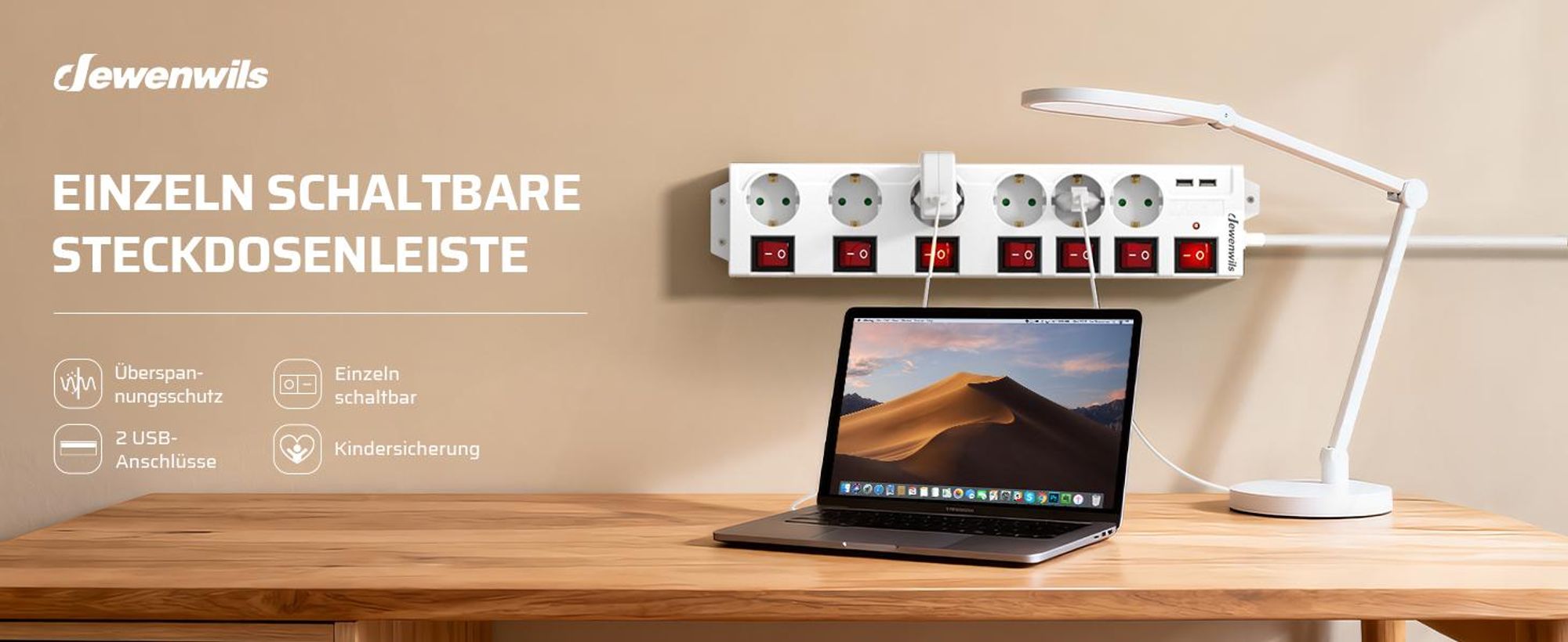 DEWENWILS 6 Fach 2M Mehrfachsteckdose mit 2 USB, 3680W Steckdosenleiste Einzeln Schaltbar