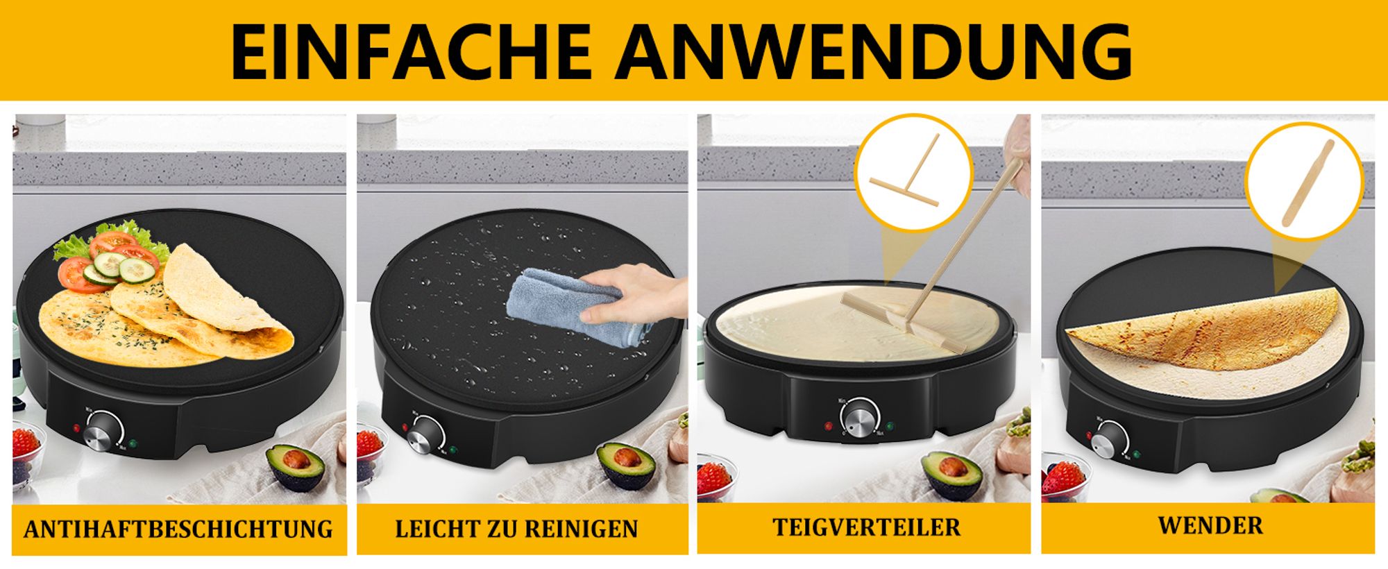 HOMELUX Crêpes Maker für Crepes mit Ø 30 cm, 1200 W Crêpes-Maker inkl. Teigverteiler & Crêpes-Wender, Antihaftbeschichtung, Temperaturregler