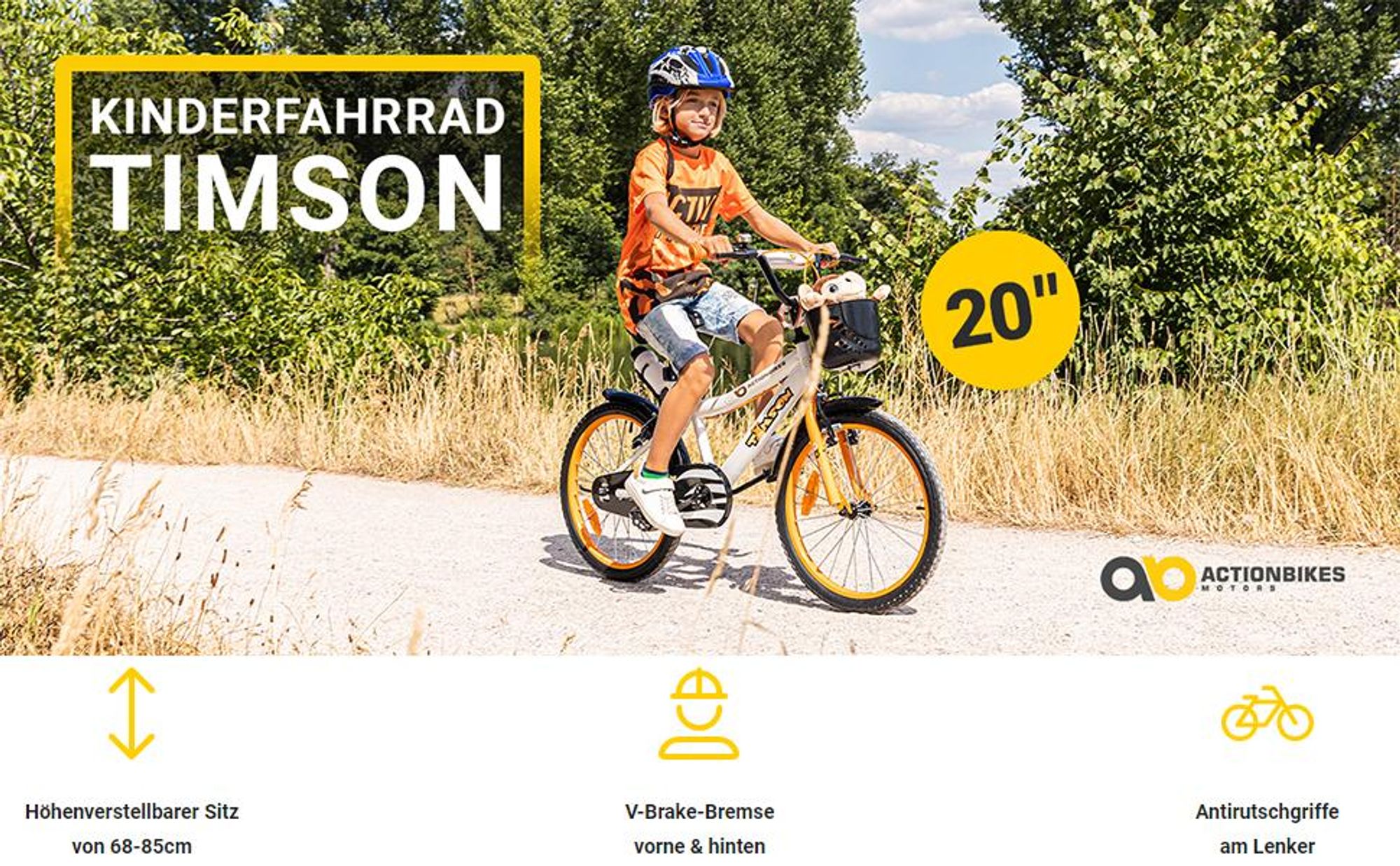 Actionbikes Kinderfahrrad Timson 20 Zoll | Kinder Fahrrad - V-Brake Bremsen - Kettenschutz - Fahrradständer - Fahrradkorb - 6-9 Jahre (Orange/Weiß)
