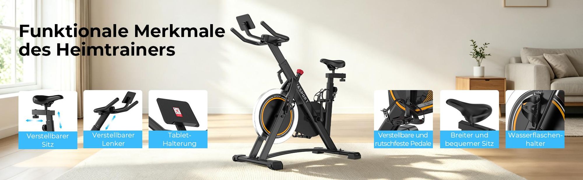 JASPORT A3 Leises Heimtrainer Fahrrad,  LED-Monitor, Bluetooth & App, verstellbarer Sitz & Widerstand, Tablet-Halter, bis 120 kg, Fitnessbike Zuhause