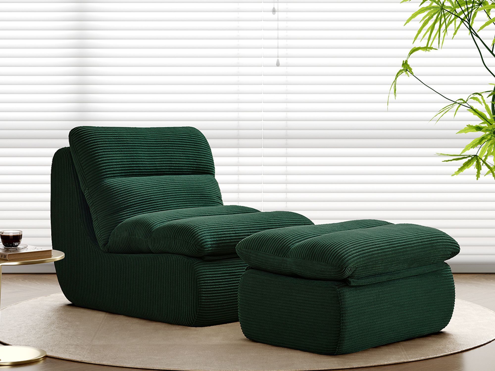 MODFU Schlafsofas mit Fußstütze, Klassische Sessel Lazy Sofa mit Abnehmbare Rückenlehne und Sitzkissen, Indoor-Sitzkissen faltbarer Meditationsstuhl für Wohnzimmer- Cordstoff, Grün