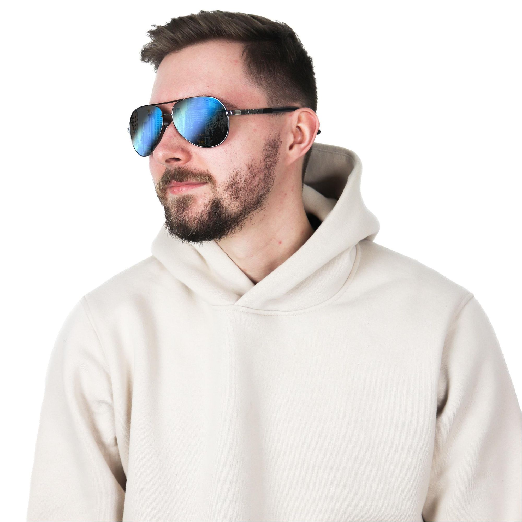Aviator Sonnenbrille Herren Polarisiert UV400, Blaue Gläser Pilotenbrille verspiegelt, Metallrahmen inkl. Etui & Zubehör-Set, EVI DESIGN Blue