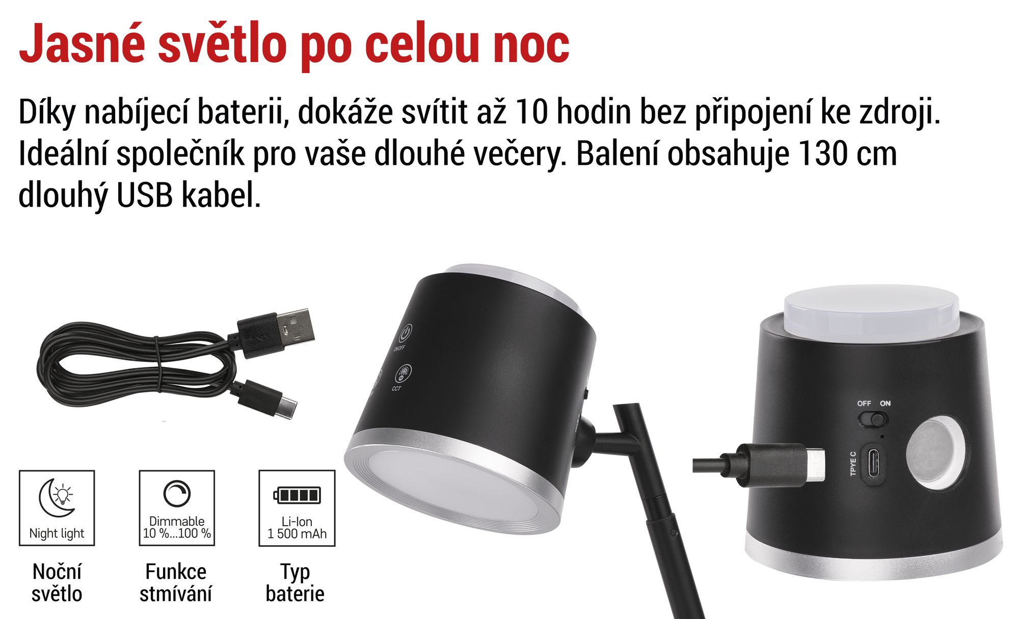 EMOS LED nabíjecí stolní lampa 4v1 ABBIE 6W, 300lm, 1500mAh Li-Ion s dobou svícení 33h, stmívatelná, nast. barva světla, 1,3m kabel USB, černá, Z7636B