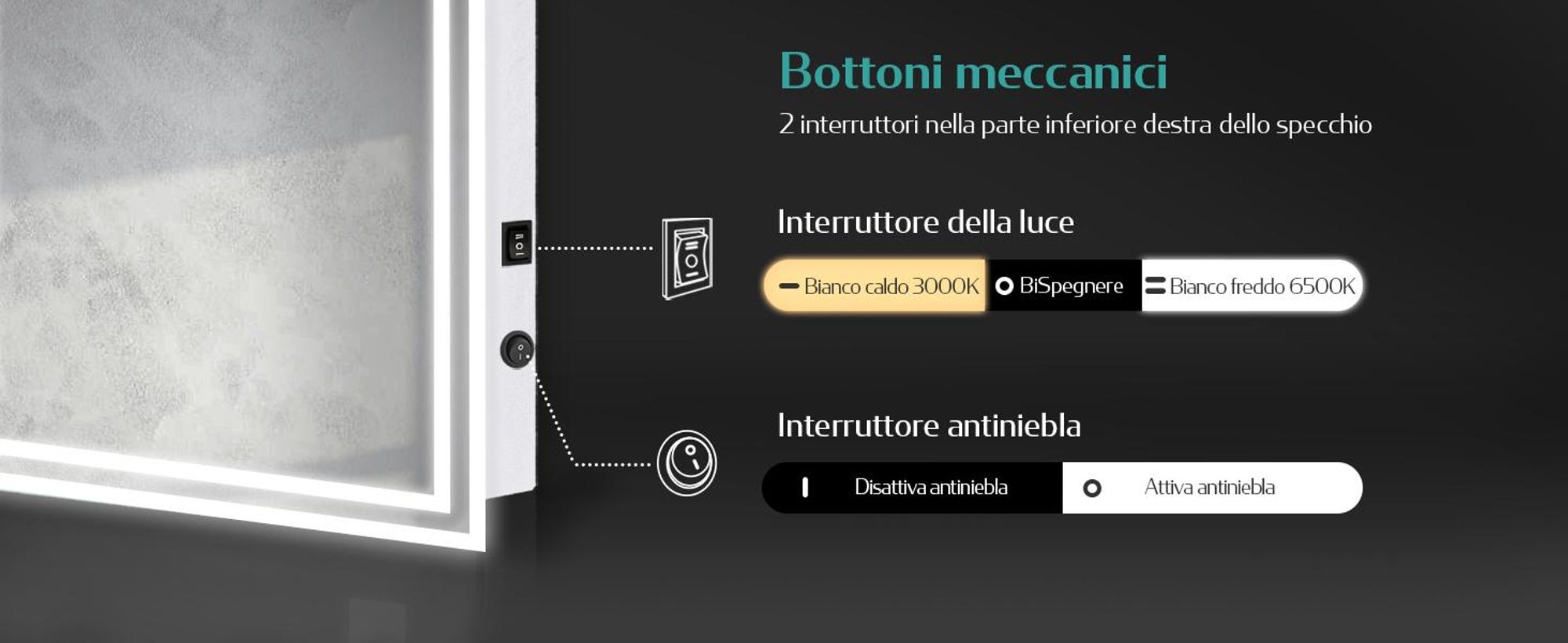 Specchio da bagno EMKE LED con illuminazione 40X60 cm antiappannamento, specchio da parete Specchio da bagno con interruttore meccanico, colori della luce 3000K/6500K, IP44