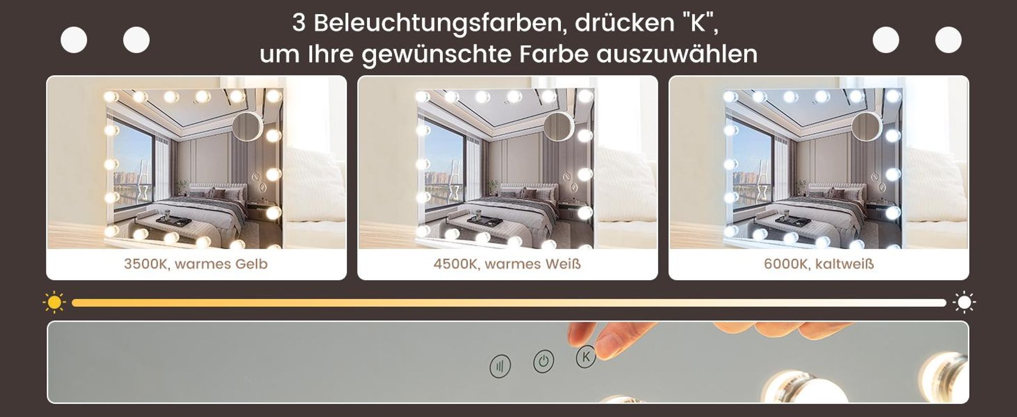 COSTWAY 62,5x51cm Hollywood Spiegel mit Beleuchtung, Kosmetikspiegel mit intelligent Touchscreen und Vergrößerungsspiegel, 3 Lichtfarben und 4 Lichthelligkeiten