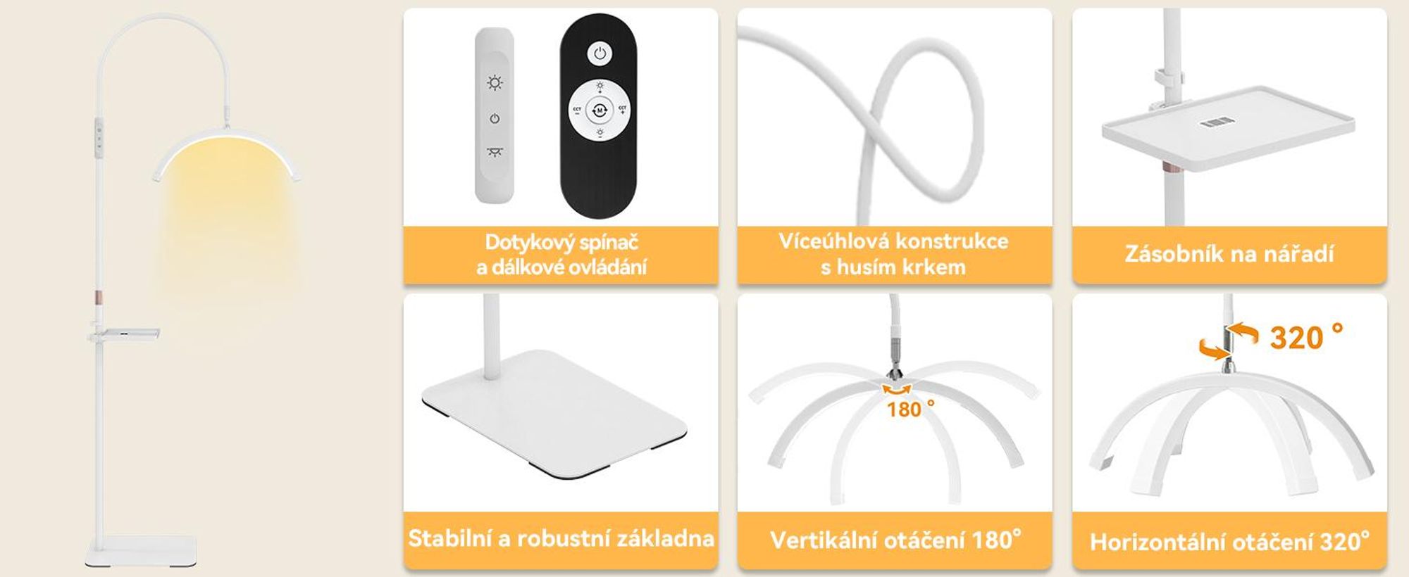 Puluomis LED Beauty stojací lampa, výškově nastavitelná lampa s dálkovým ovládáním, 3 barevné teploty a plynulý stmívač, 320° husí krk, prodloužení řas