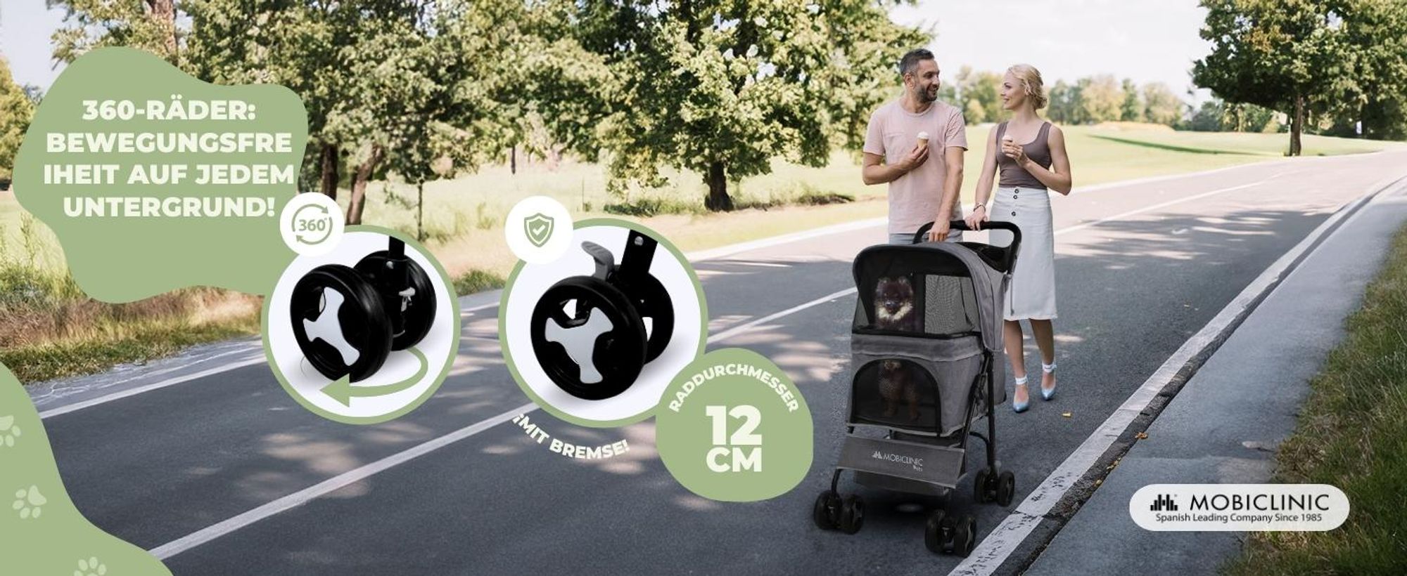 Mobiclinic Pets, Faltbarer Hundewagen, Bis zu 15 kg, Ideal für kleine Hunde, Zuma, Räder mit 360°-Bremsen, XXL-Korb, Becherhalter, Grau