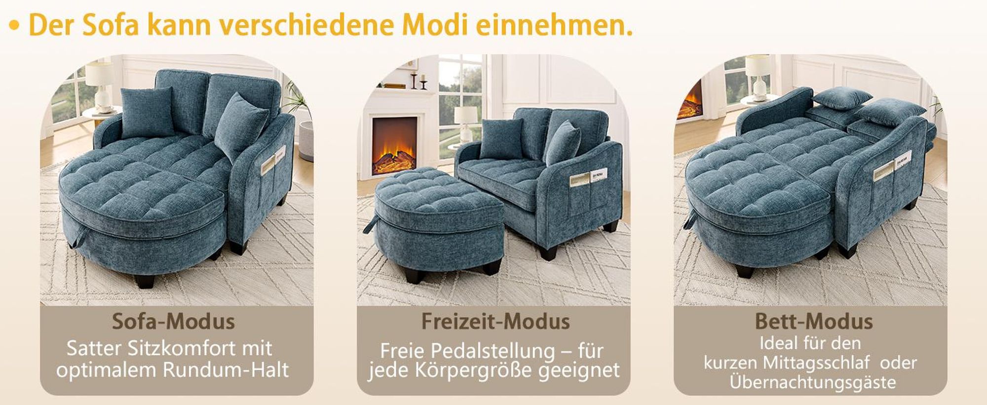 MODFU Multifunktionales Sofa Schlafsofa mit Aufbewahrungs-Hocker,Relaxsofa mit rutschfeste Kunststoffbeine,Blau
