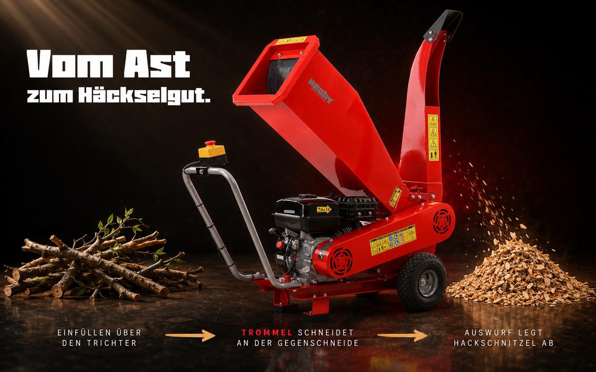 Gartenhäcksler Holzhäcksler Benzin HECHT 6208 | 5,2 kW / 7 PS | bis 7 cm | 208 cm³ | Messerwalze mit 2 rotierenden Messern