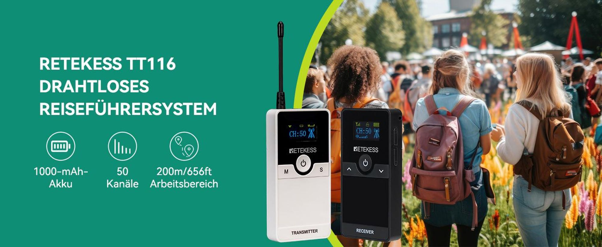 Retekess TT116 Tour Guide System, Tragbares Drahtloses Audiosystem, 200 m, Geräuschreduzierung, Rauschunterdrückung, für Tourismus, Fabrik, Schule