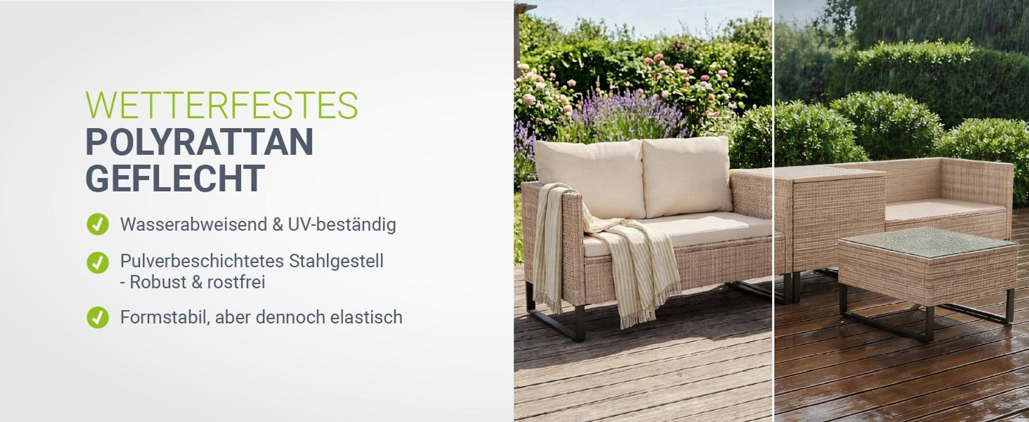Juskys Polyrattan Lounge Santorini - Sitzecke mit Beistelltisch & Auflagenbox - Creme