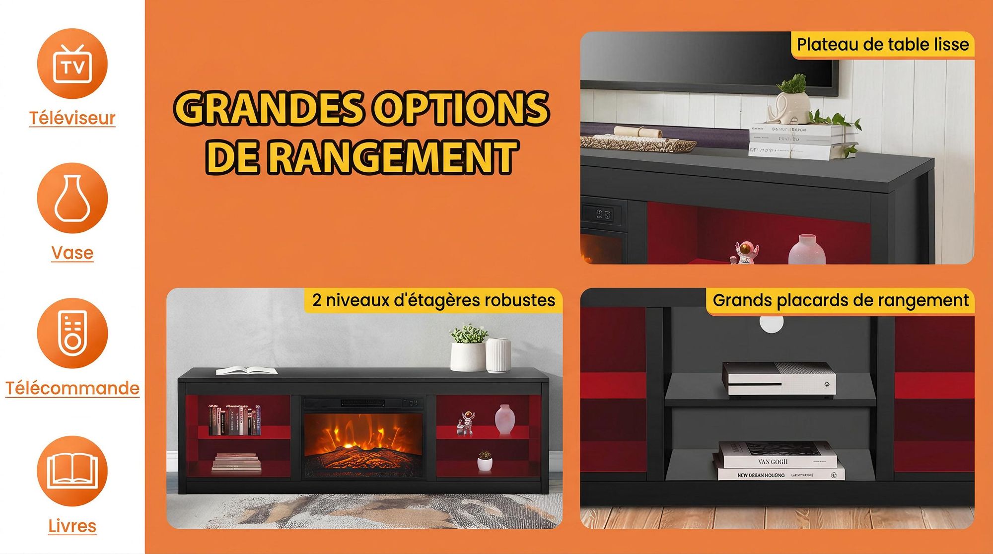Parrot Uncle Meuble TV pour téléviseur jusqu'à 75 pouces, MDF, noir , avec cheminée électrique 24" et barre de LED changeant de couleur, 168 x 42 x 56 cm, capacité de charge 54 kg