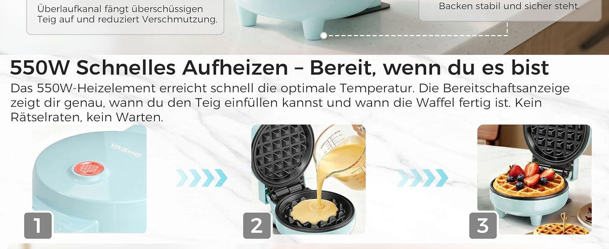 YASHE Mini-Waffeleisen ABW59C, 550 W, 10 cm, Antihaft, Kontrollleuchte, Blau