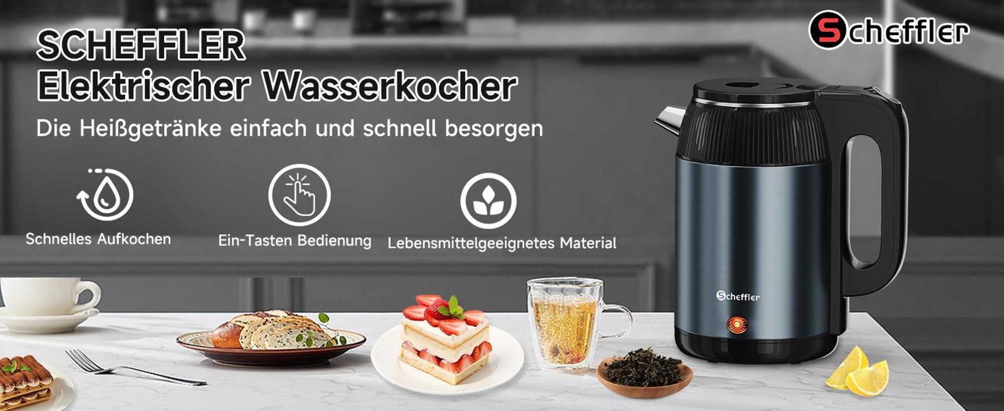 SCHEFFLER Wasserkocher Edelstahl 2,2 Liter Elektrischer Wasserkocher 1500W Teekocher, BPA Frei, Trockengehschutz Auto-Off LED-Anzeigele, Blau