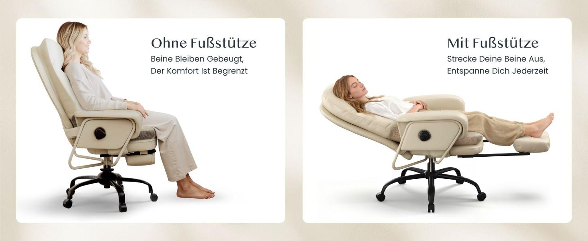 FLEXISPOT 3-in-1 Ergonomischer Bürostuhl mit 165° Liegefunktion, Ausziehbarer Fußstütze, Dickem Komfortpolster und Höhenverstellung (Beige)