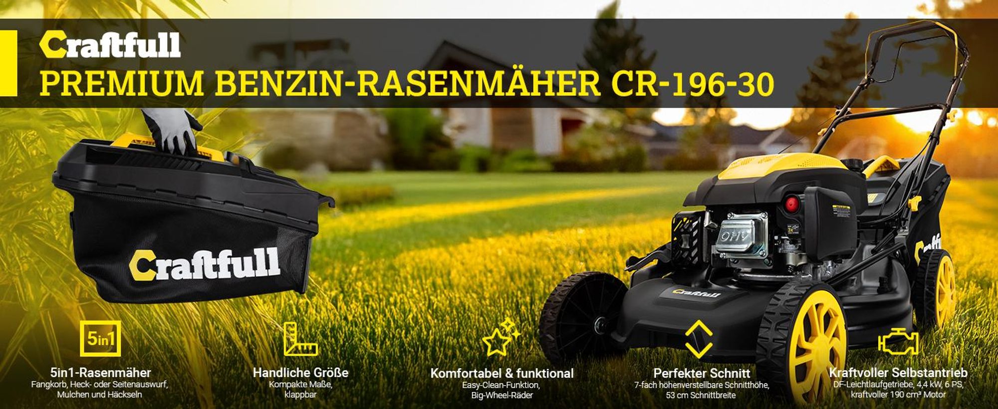Craftfull Premium Benzin-Rasenmäher CR-196-30 | Selbstfahrantrieb - 53 cm Schnittbreite - 4 in 1 - Mähen - Mulchen - Heck- & Seitenauswurf - klappbar