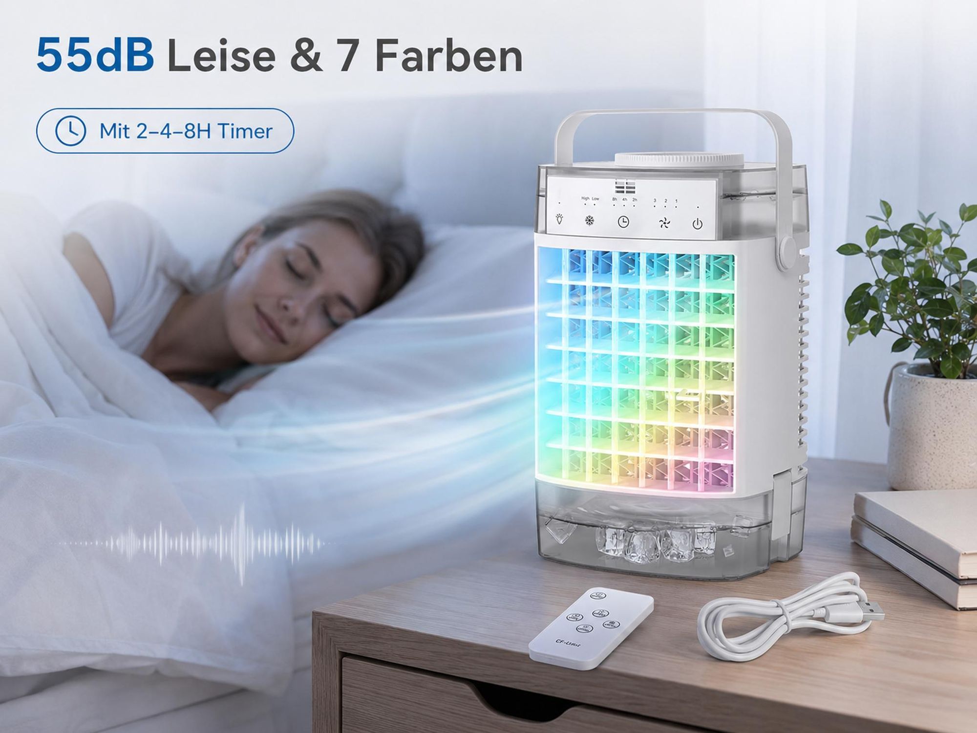 Mini Klimaanlage 4 in 1,Klimagerät Tragbar Leise,Ventilator mit Wasserkühlung 2 Modi 3 Geschwindigkeiten Timer RGB-Licht für Zimmer Camping,Grau