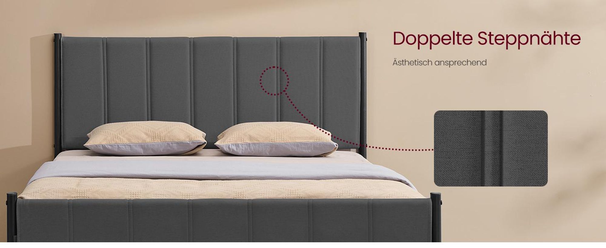 VASAGLE Doppelbett, Bettgestell, 140 x 200 cm, mit gepolstertem Kopfteil, Bettrahmen, Stahl, trägt bis zu 500 kg, grau