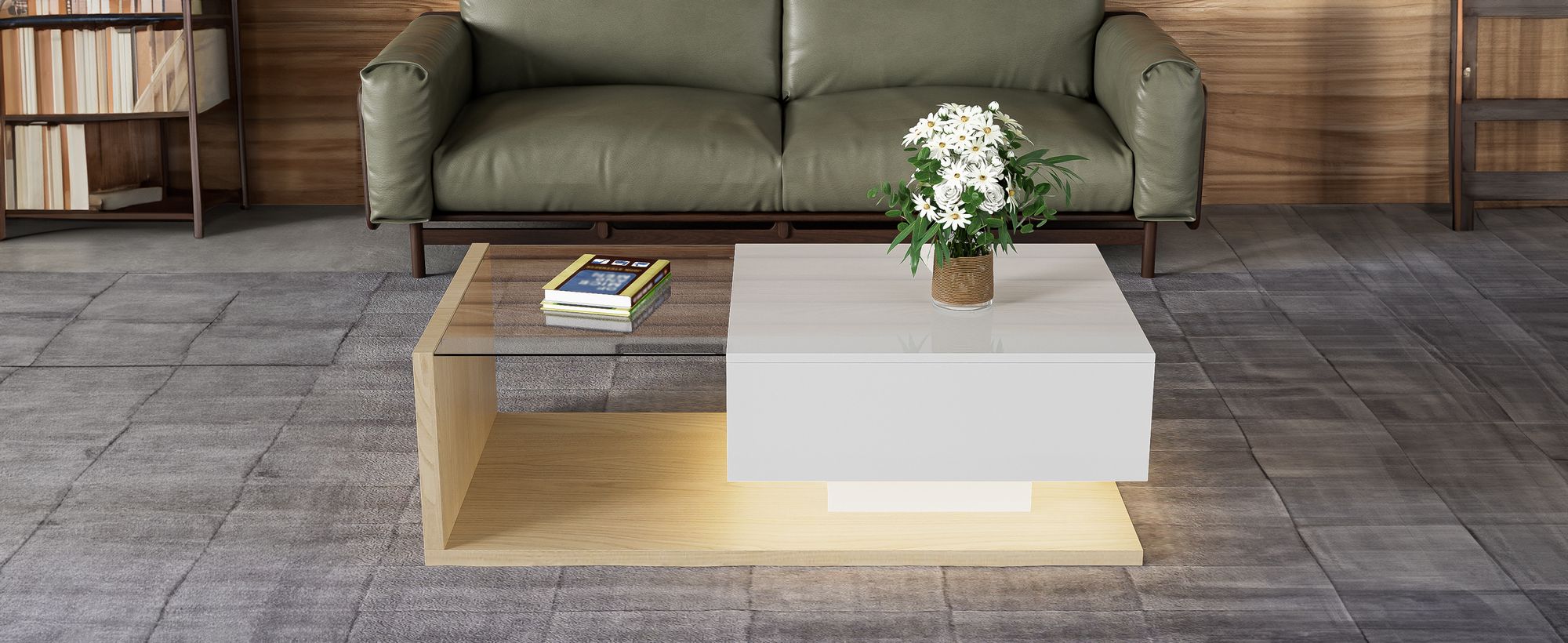 okwish Couchtisch Hochglanz Rechteckig, LED-Beistelltisch für Schlafzimmer, Wohnzimmertische mitGlas fürs Wohnzimmer, Beistelltisch mit 1 Schublade, Weiß und Holzfarbe