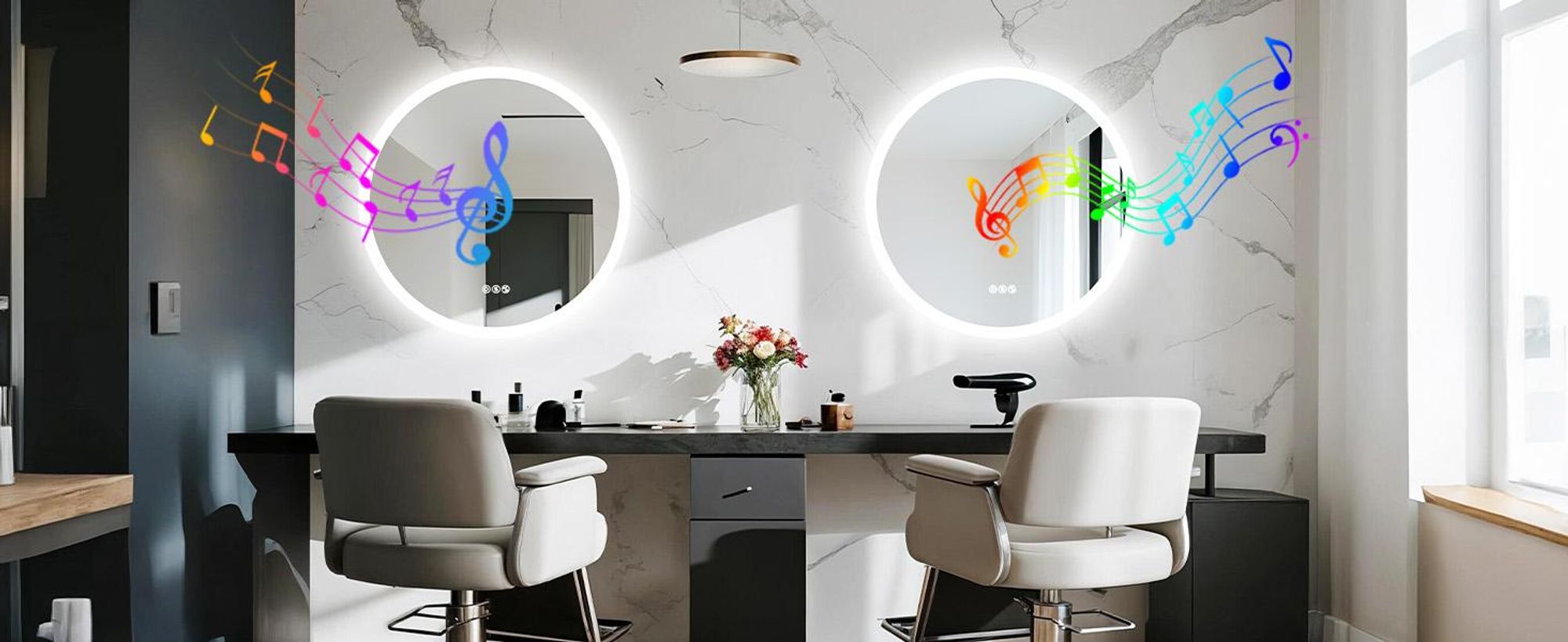 WISFOR LED Badspiegel mit Bluetooth Lautsprecher, 80×80cm Badezimmerspiegel mit Beleuchtung 3 Lichtfarbe, LED Wandspiegel dimmbar beschlagfrei, Touchs