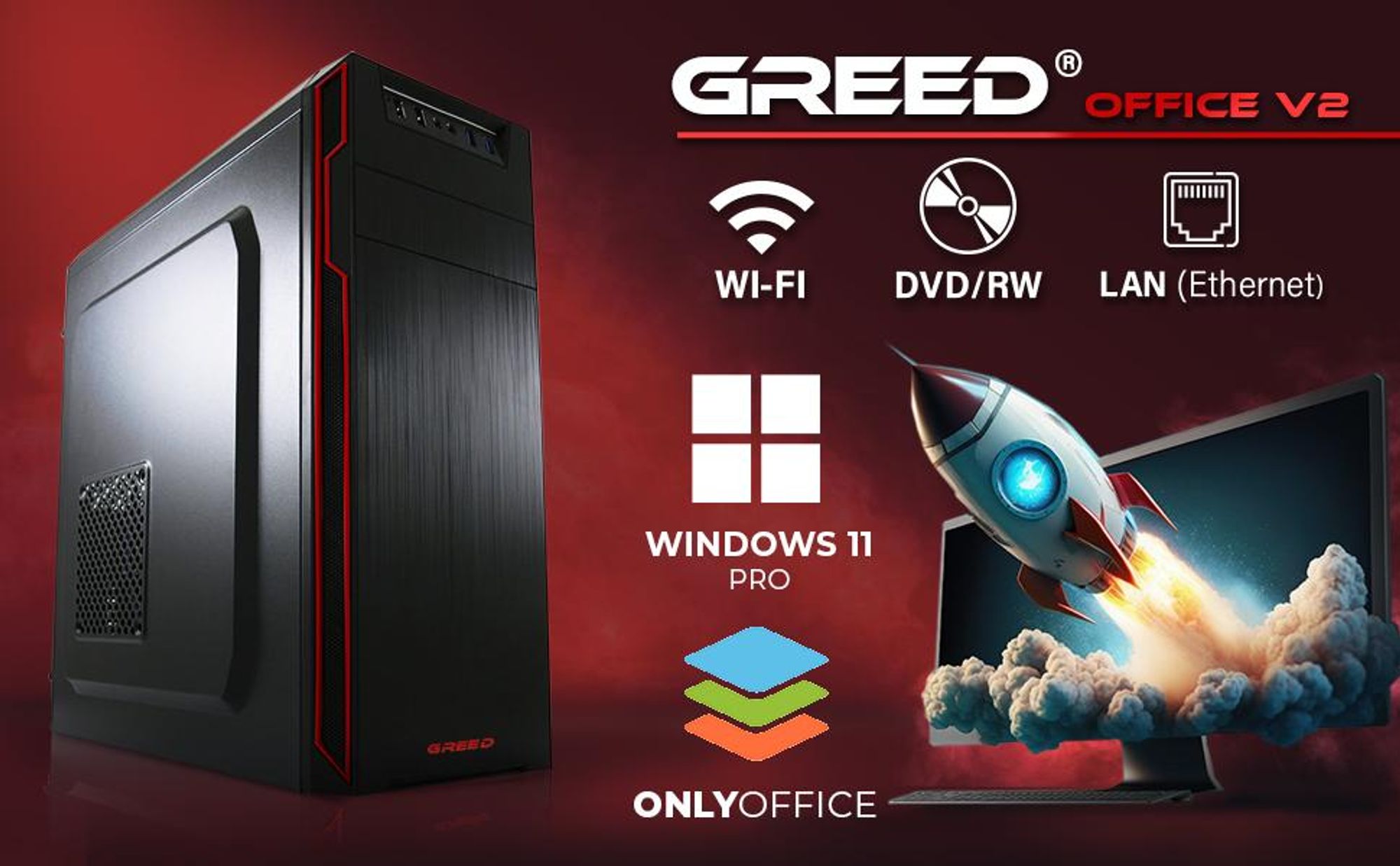 Greed® Ultra V2 PC - AMD Ryzen 7 5700G - Computer fisso per ufficio - 4,6 GHz - 16 GB RAM DDR4 - 1TB SSD + 1TB HDD - Desktop Tower - WLAN - Win11 Pro