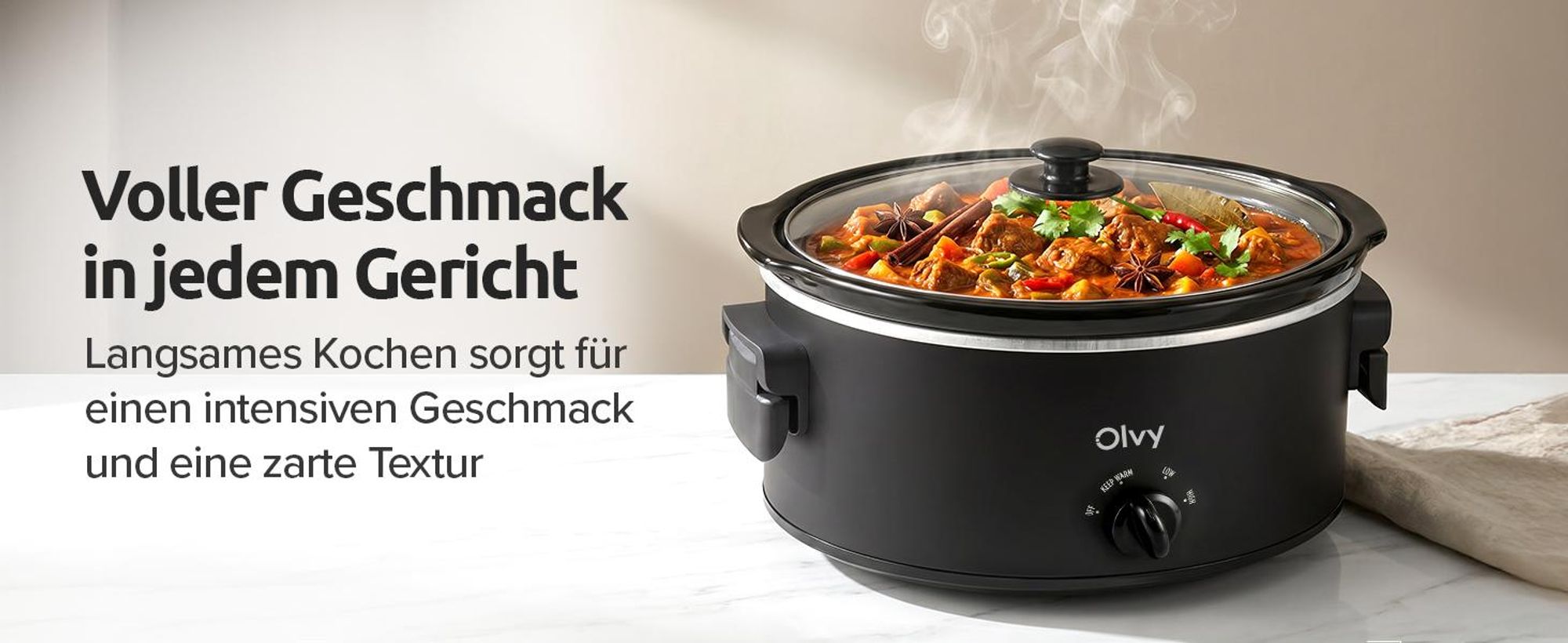 Olvy Slow Cooker 6L – Keramischer Innentopf – inkl. Kochbuch – Warmhaltefunktion