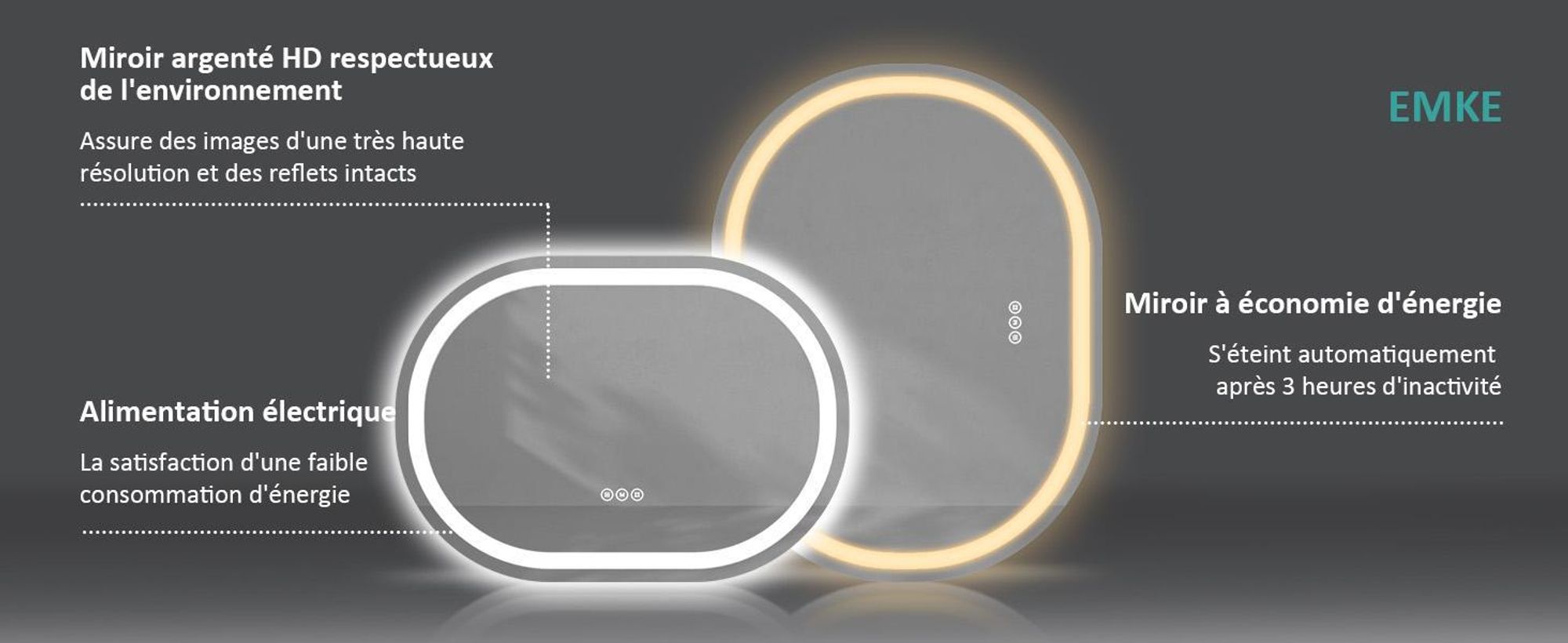 EMKE Miroir de salle de bain LED 80x60cm antibuée éclairage 3 couleurs de lumière miroir de salle de bain miroir mural avec interrupteur tactile réglable lumière