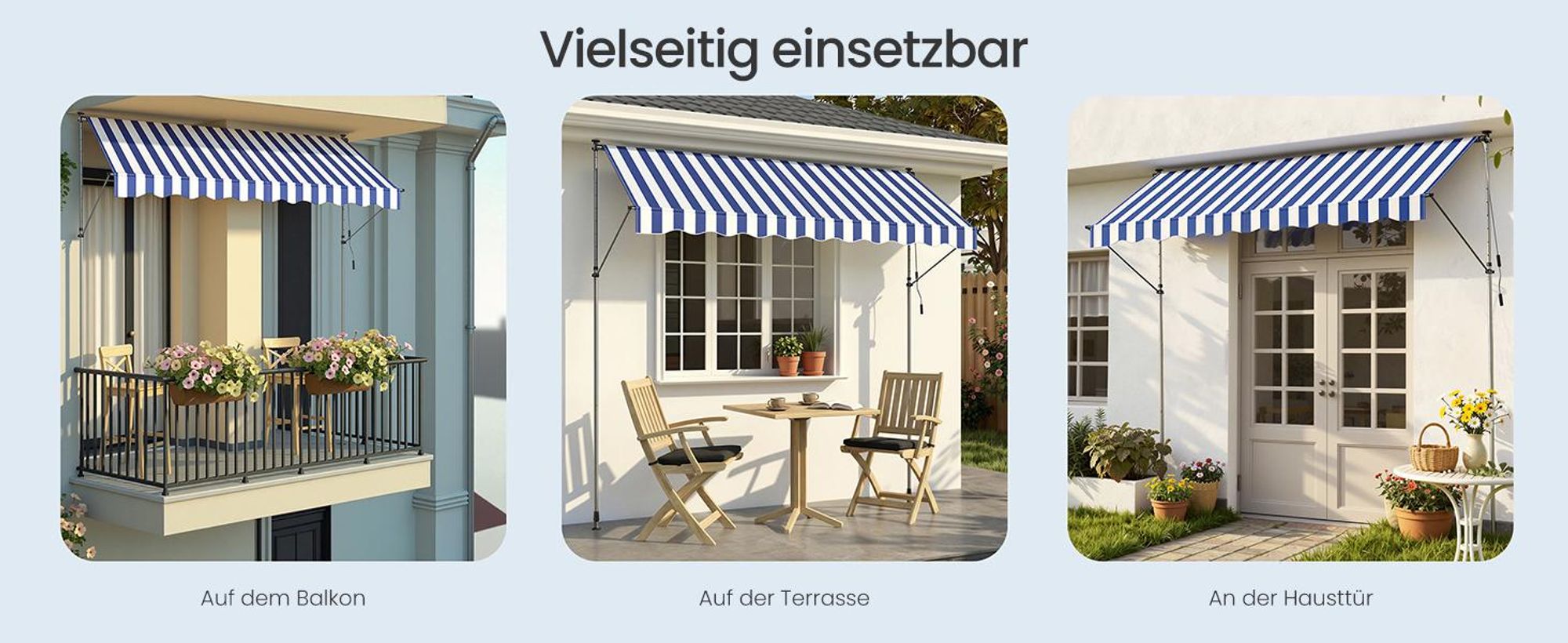 SONGMICS Klemmmarkise höhenverstellbar, Balkonmarkise mit Handkurbel, für Terrasse, Garten, 300 x 120 cm, blau-weiß