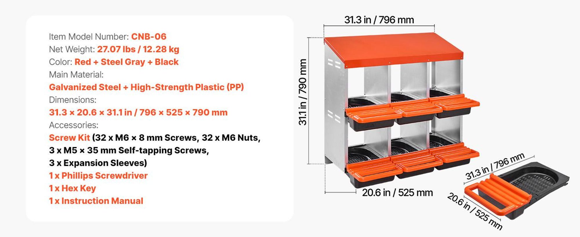 VEVOR 2-stöckige Hühner-Nistkästen, 10 Fächer, Metall-Eiablagekästen mit schützenden Sammeldeckeln, Roll-Nistkasten, einfach zu montieren, ideal für Hühner, Enten, Hühner und anderes Geflügel, 6 Fächer, Ohne Stützbeine-a
