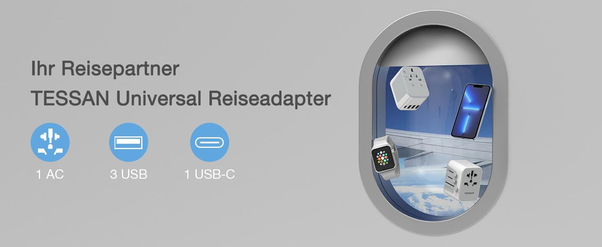 TESSAN Reiseadapter Weltweit Universal Reisestecker mit 3 USB A und 1 USB C Internationaler Steckdosenadapter