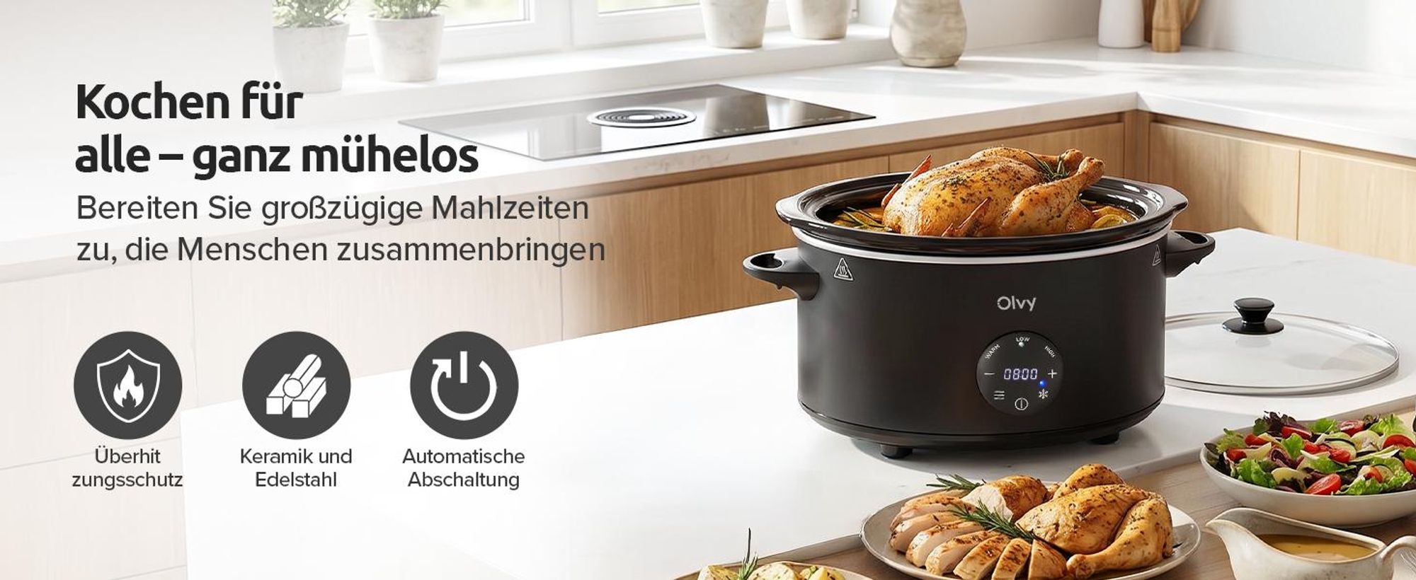 Olvy Digitaler Slow Cooker mit Timer – 6 Liter – Keramik-Innentopf – inkl. Slow-Cooker-Kochbuch