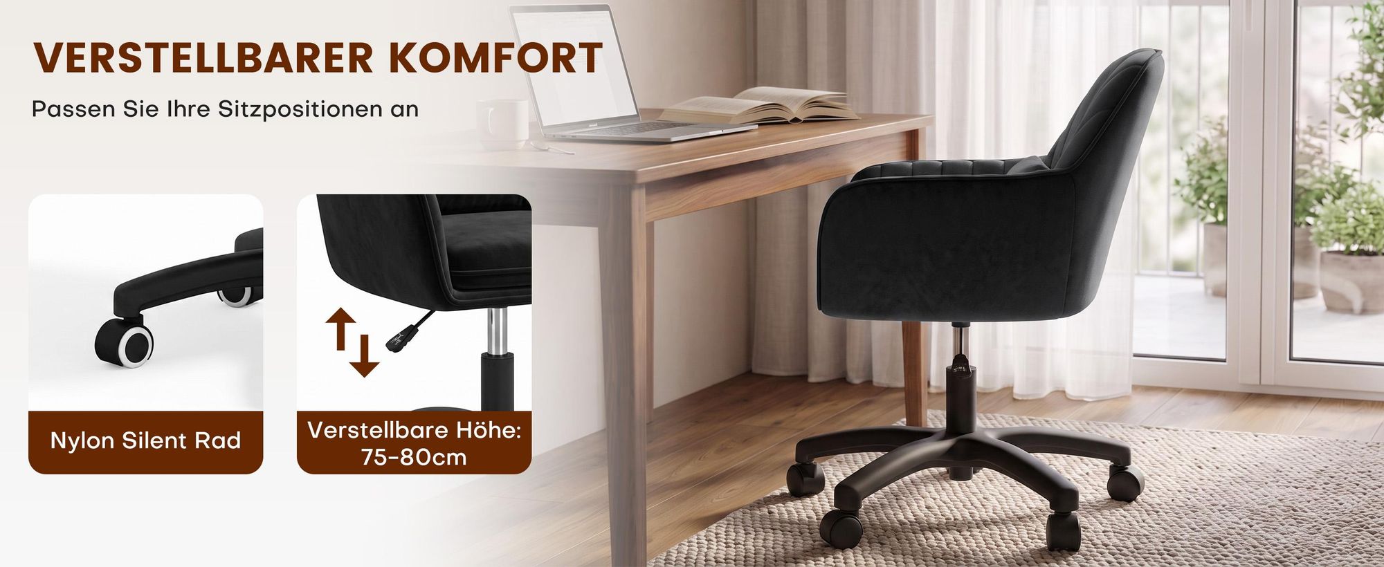 Hawthyhome Homeoffice Stuhl aus Samt mit Kopfkissen Drehbarer Höhenverstellbarer Bürostuhl ergonomisch Schwarz