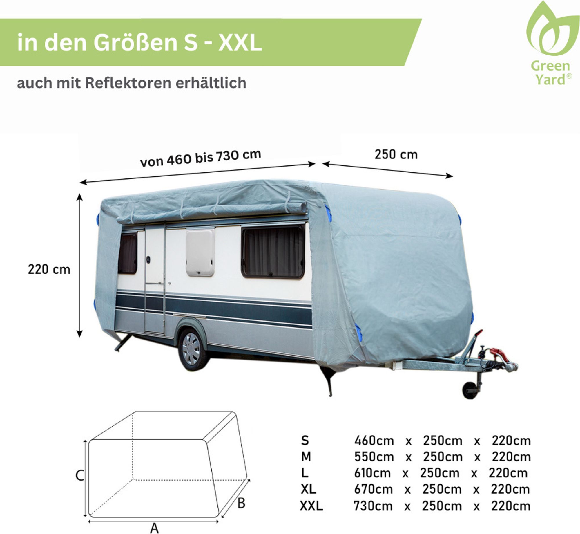 GreenYard Abdeckplane für Wohnwagen oder Wohnmobile Größe S, 460 x 250 x 220 cm