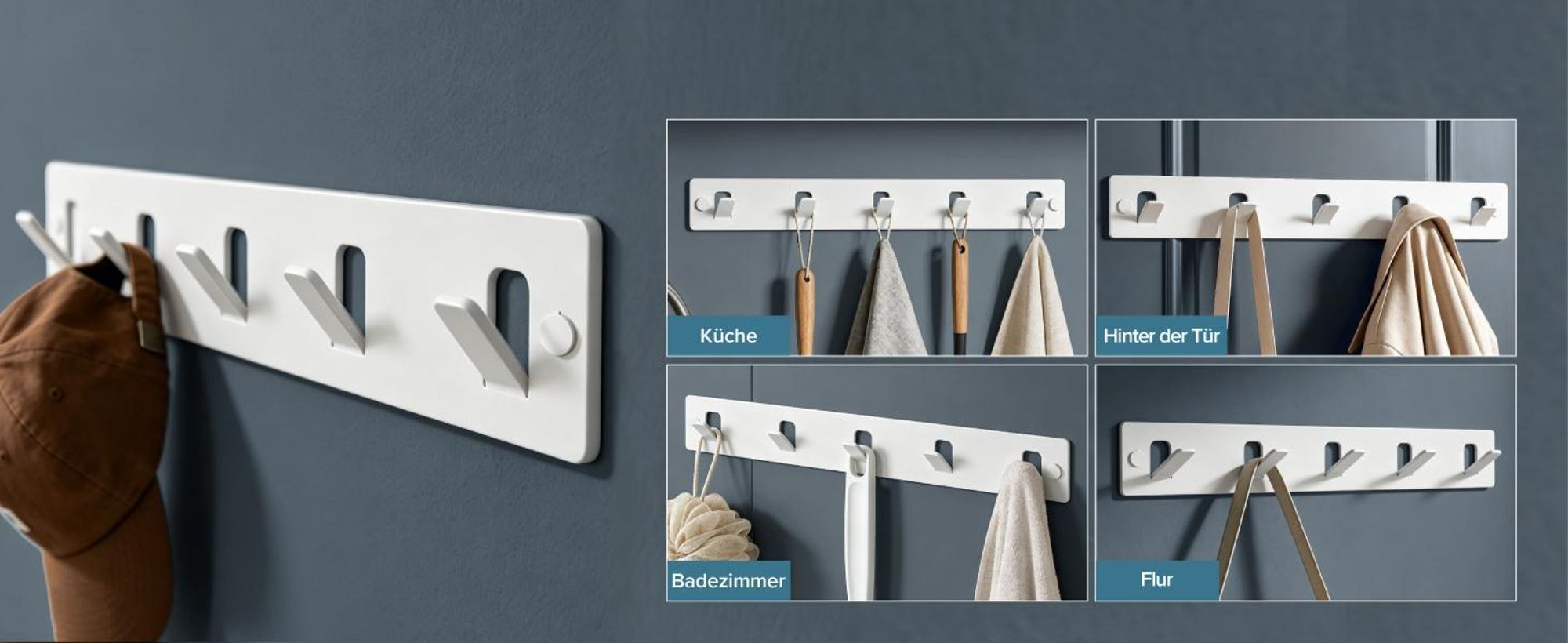 doporro Garderobenleiste mit 5 Haken, Wandgarderobe mit Garderobenhaken, Kleiderhaken Wand, Hakenleiste, selbstklebend oder zum Bohren, Weiß, Stalo-14