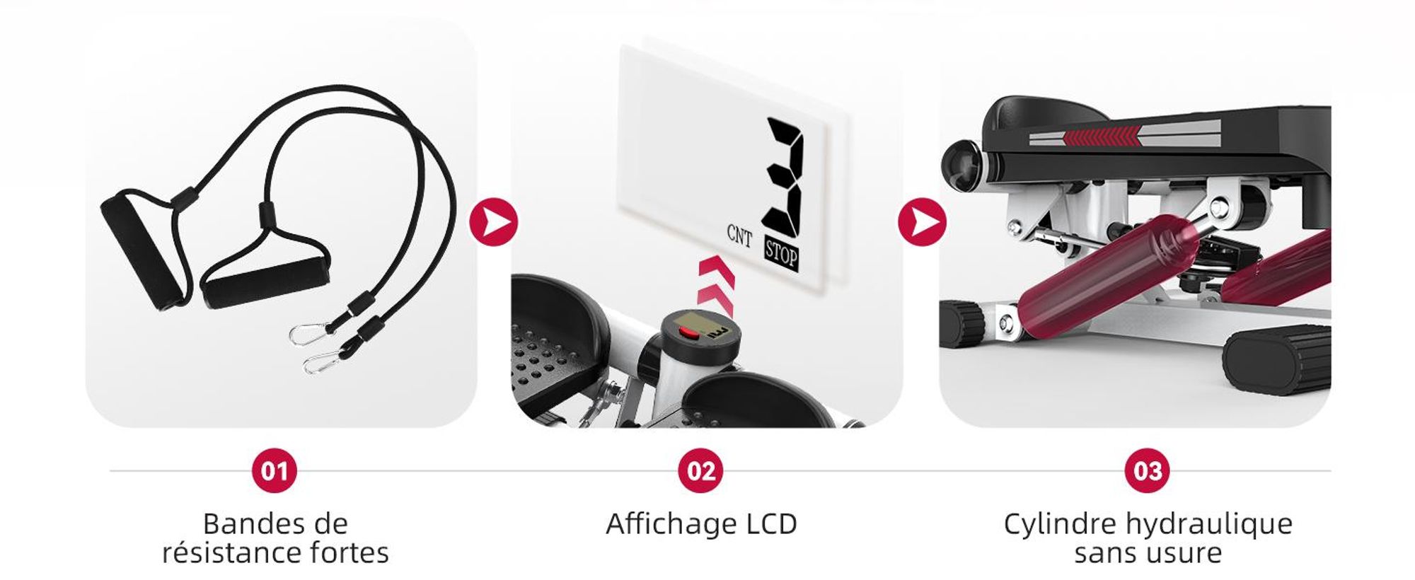 Mini-stepper JASPORT ST1, 2 en 1 avec cordes élastiques, écran LCD, résistance réglable, pour l'entraînement des jambes et des bras, silencieux et compact, charge max. 100 kg, blanc