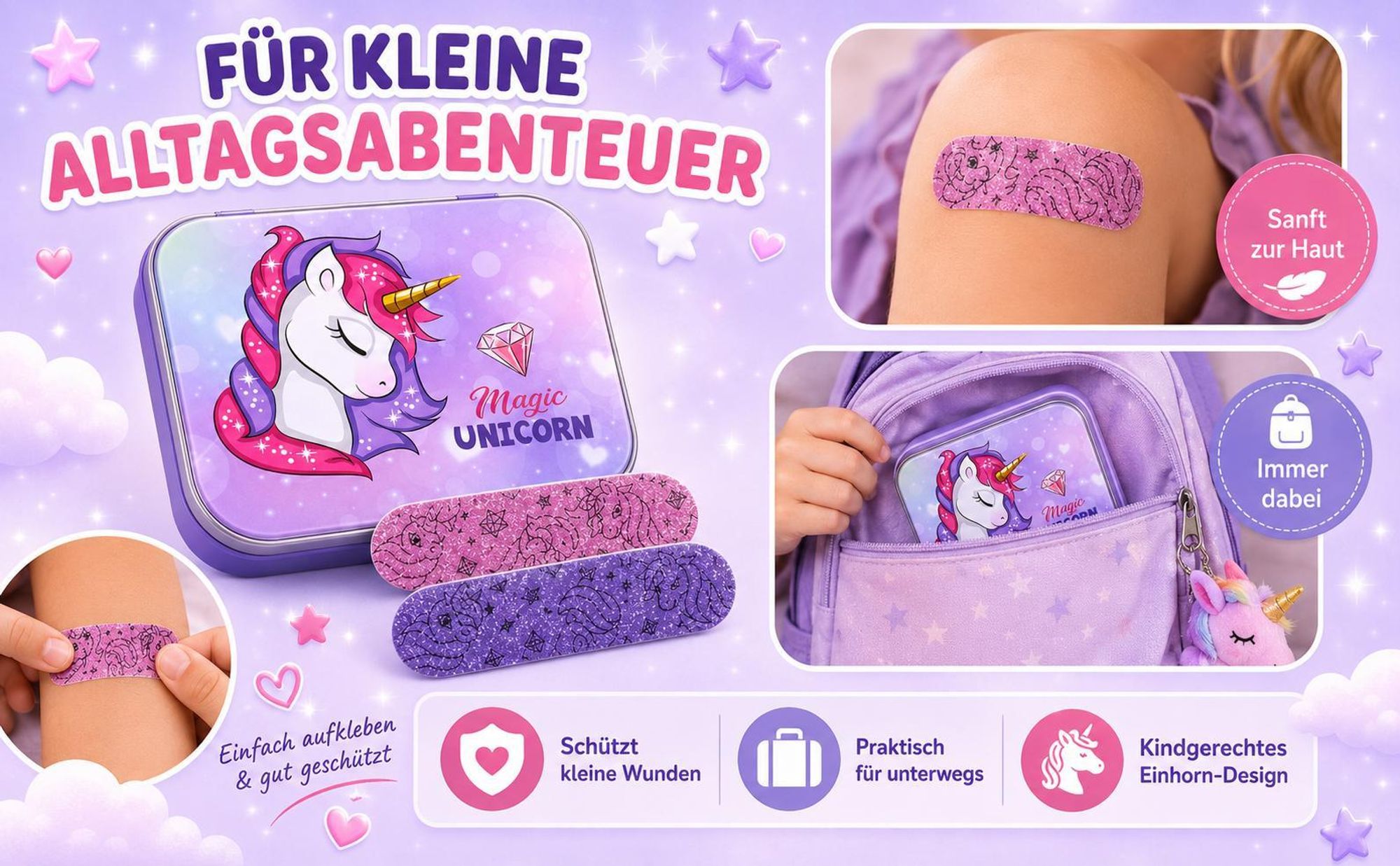 Unicorn Magic Kinderpflaster Lizensiertes Produkt - Metall-Box - 24 Pflaster - Schönes Design Pflaster Aufbewahrungsbox für Kinder - 1 Box