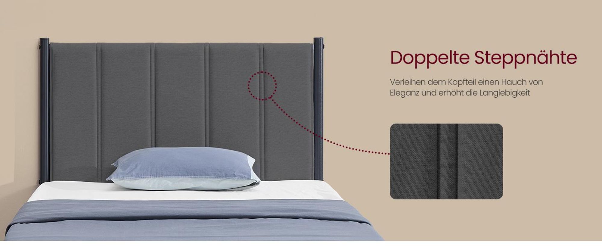 VASAGLE Einzelbett, Bettgestell, 90 x 200 cm, mit gepolstertem Kopfteil, Bettrahmen, Stahl, trägt bis zu 250 kg, grau