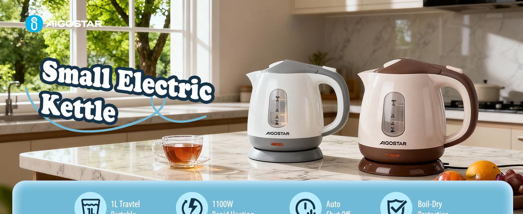 Aigostar 30HIO Schnurloser Wasserkocher, Kunststoffgehäuse, 1 l FÃ1/4llmenge, 1100 Watt, 360° Sockel, Trockengehschutz, Kalkfilter, Abschaltautomatik