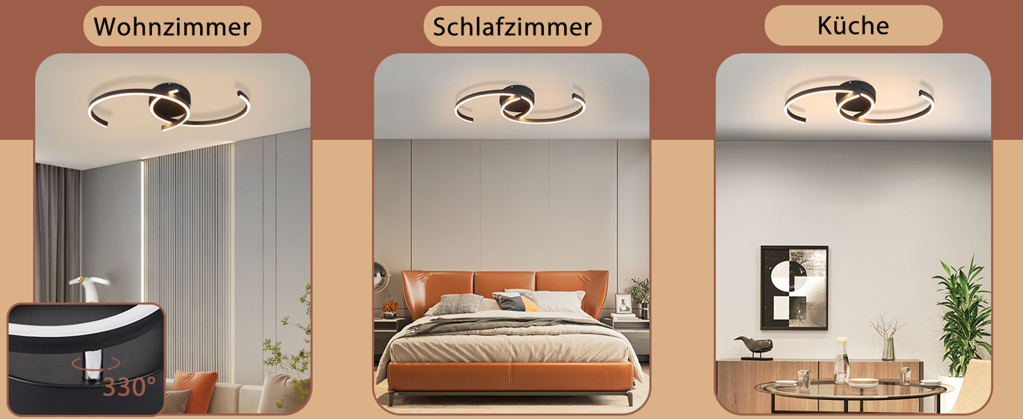 ZMH Deckenlampe LED Deckenleuchte Wohnzimmer 24W Modern Design Wohnzimmerlampe Schwarz 3000K Warmweiß Küchenlampe Flur Schlafzimmerlampe 330° Drehbarer 2-Ringen Metall Deckenleuchten für Küche Büro