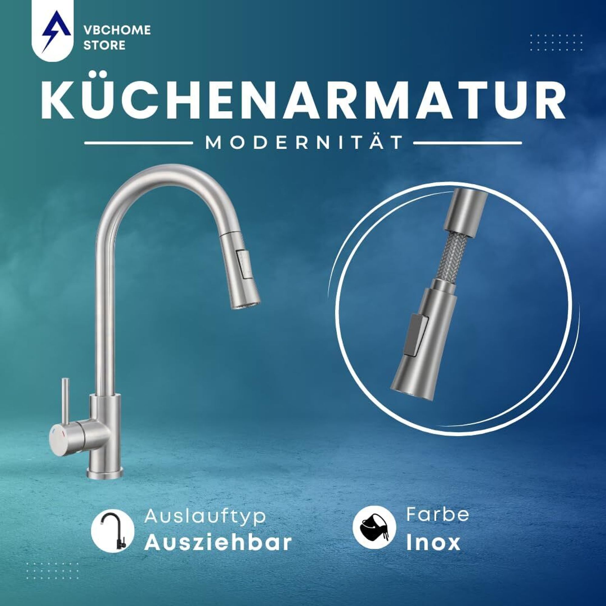 VBChome Küchenarmatur Gebürsteter Edelstahl mit ausziehbarem Auslauf, 360° drehbar, mit Knopf für Strahlarten – moderne Armatur für Spüle