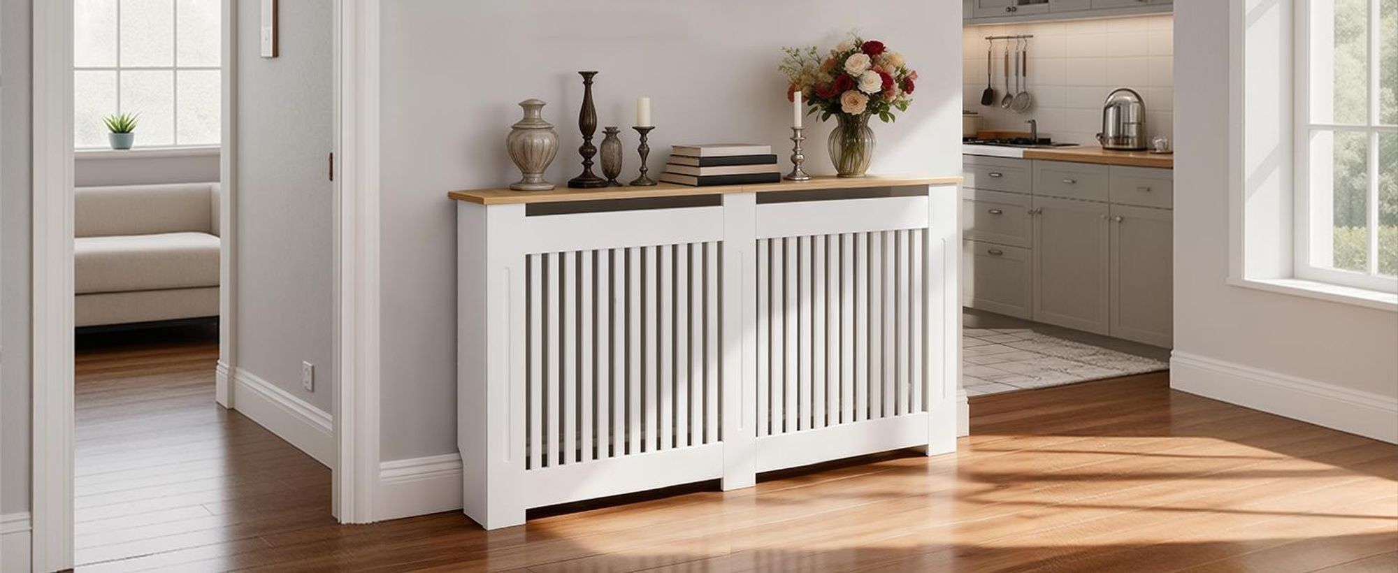 FATIVO Copritermosifone 152x20x83 cm – copritermo bianco effetto legno, in MDF spesso, con lamelle verticali