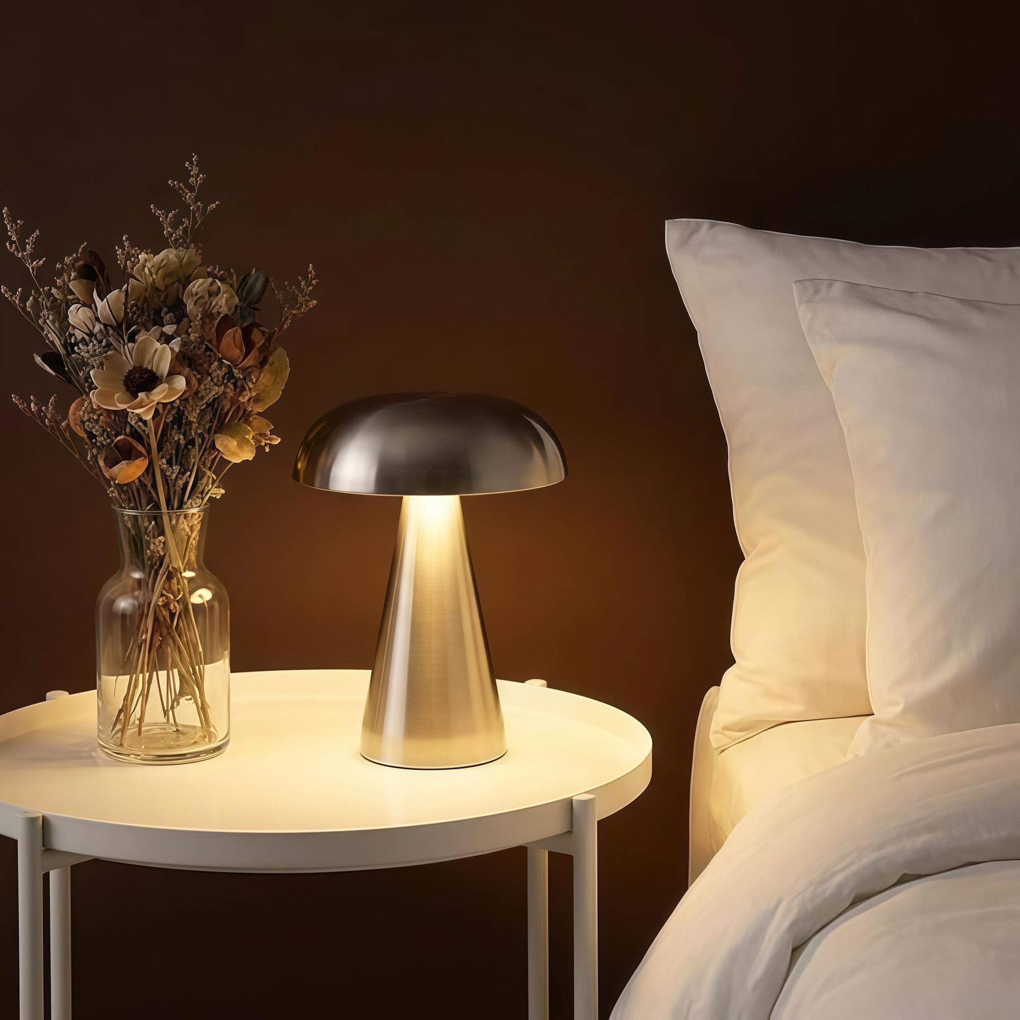 LED-Pilzlampe, tragbare Metall-Schreibtischlampe,USB-Aufladung Nachttischlampe,  dreifarbiges Touch-Kabellos Dimmen, Augenschutz-Nachtlicht, Silber