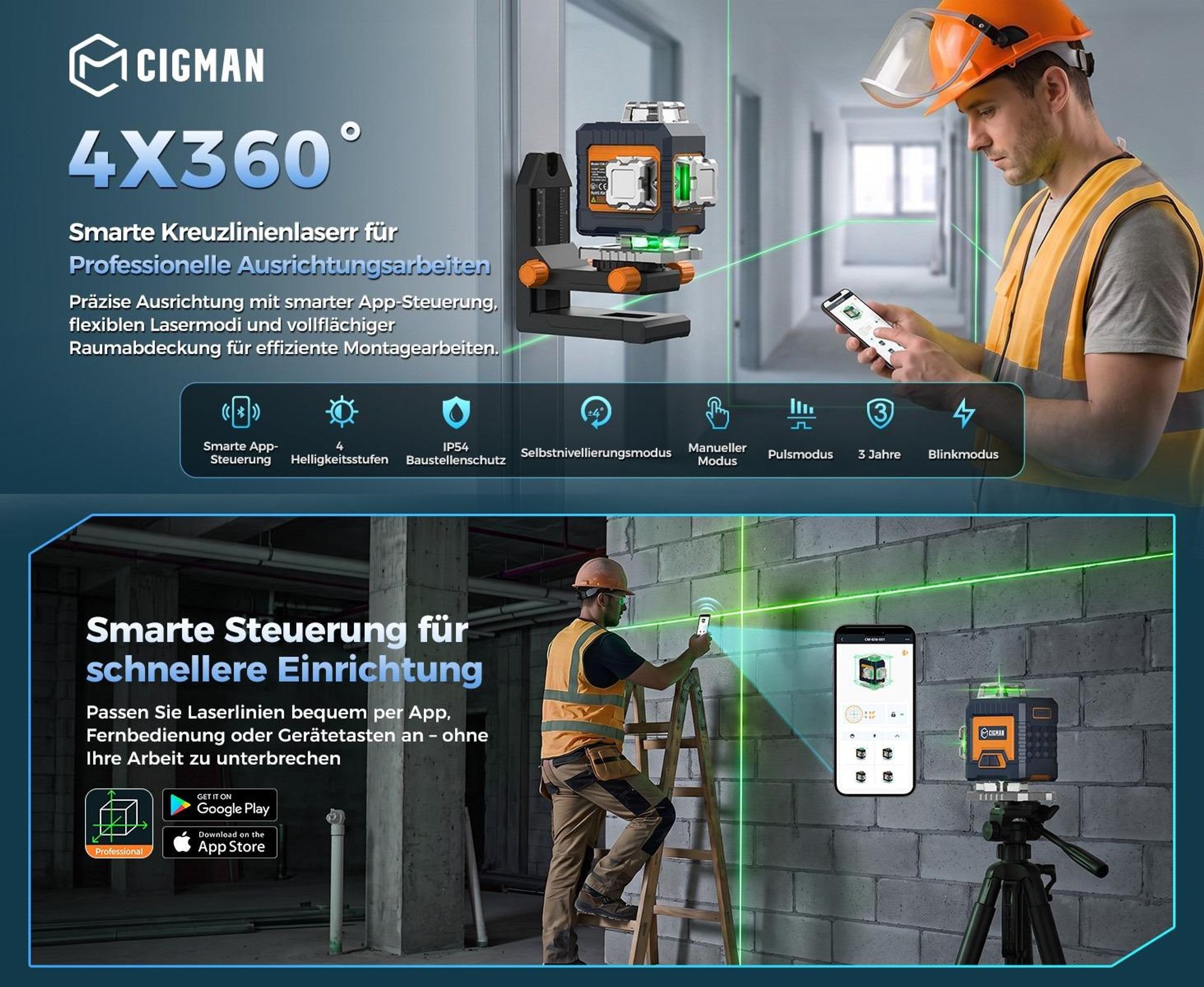 CIGMAN CMG16 Kreuzlinienlaser 4 x 360 Grad – App Steuerung, Grün, IP54